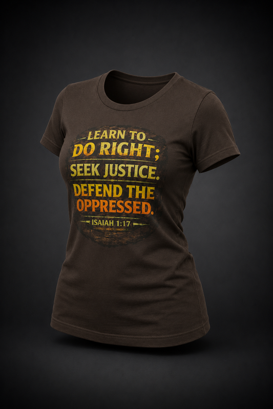 Women's Learn to Do Right. Seek Justice. Defend the Oppressed.™ | Isaiah 1:17 T-Shirt
